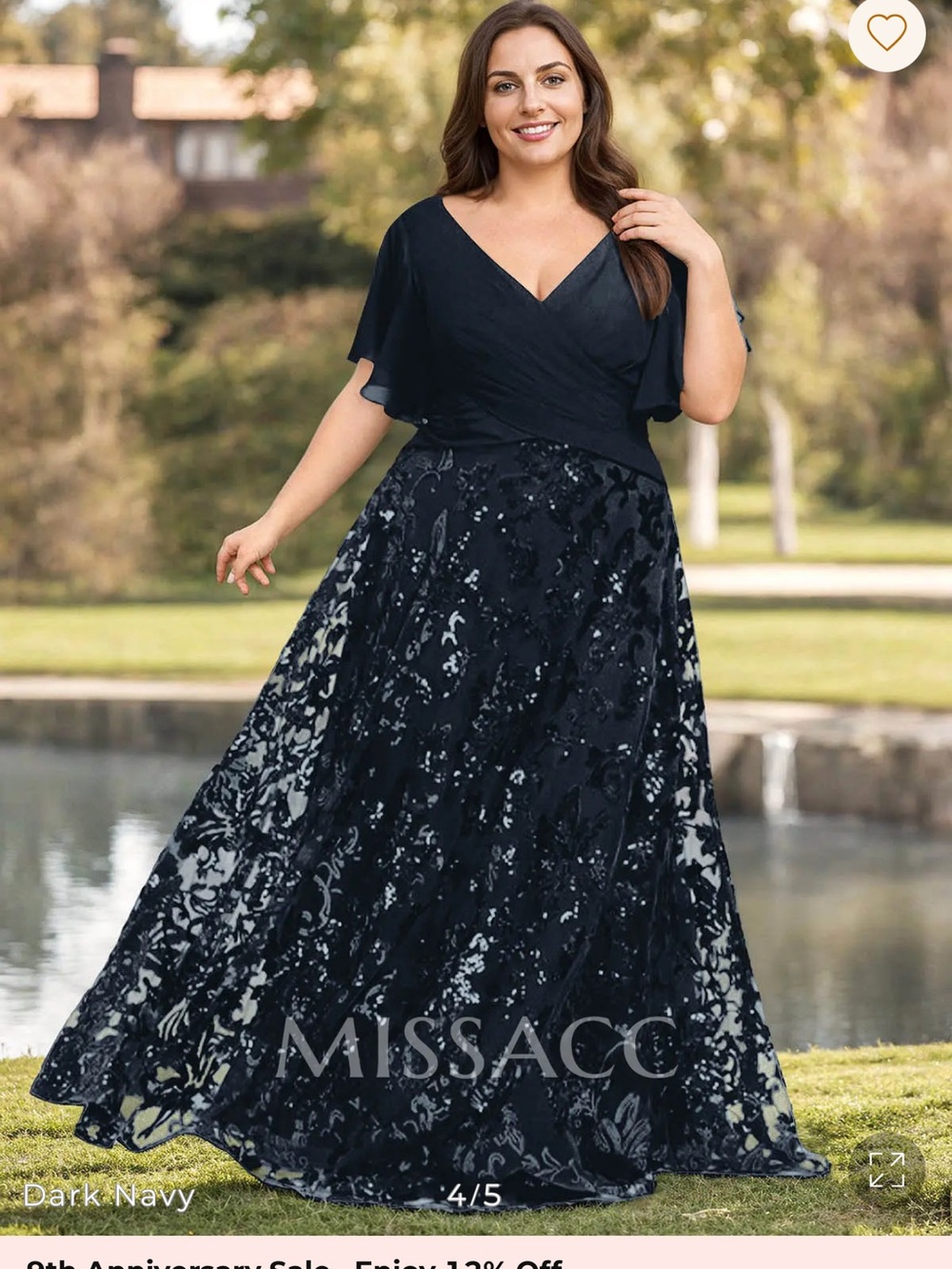 NWT Plus Size Dark Navy V-Neck Sequin Lace Evening Gown